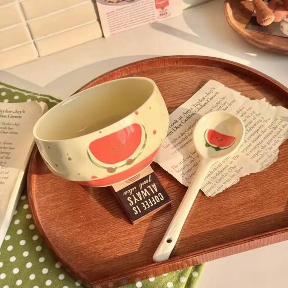 Adorable Cute Fruit Croissant Ceramic Rice Bowl with Spoon set of 4 - Picture 5 of 8